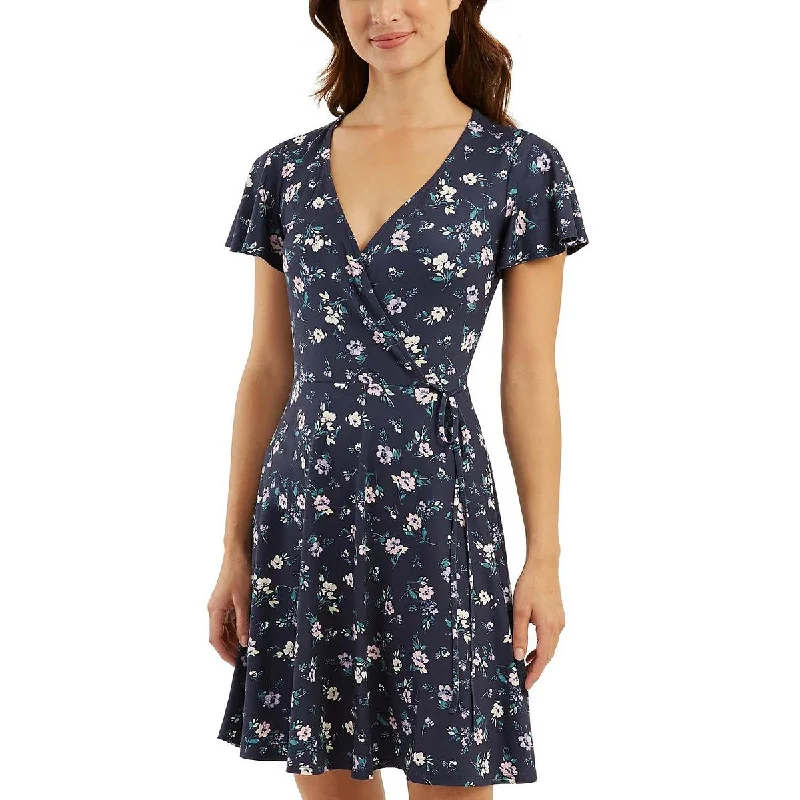 BCX Womens Juniors Floral Print Above Knee Wrap Dress