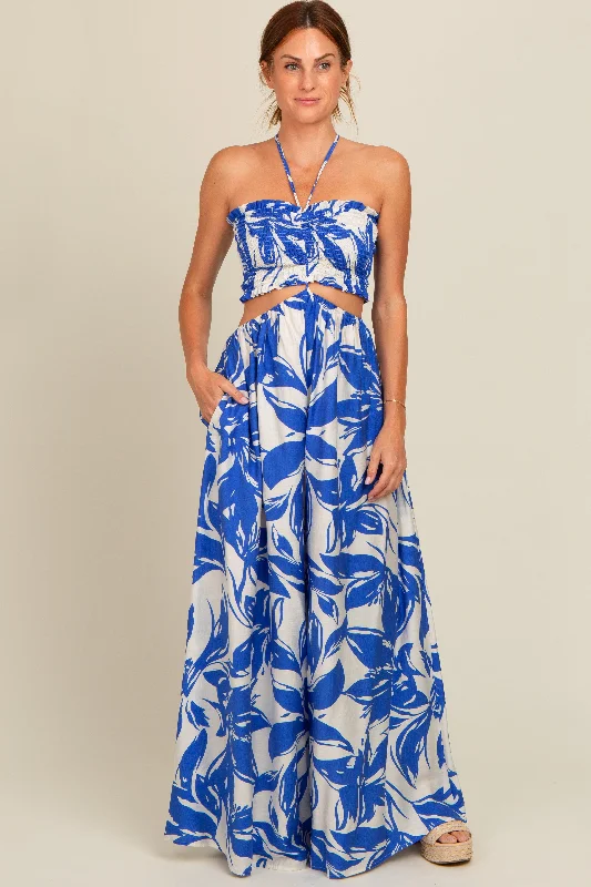 Royal Blue Tropical Print Cutout Smocked Jumpsuit