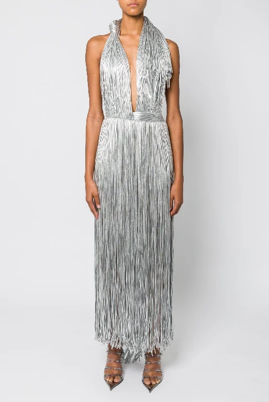 Area Metallic Fringe Halter Midi Dress