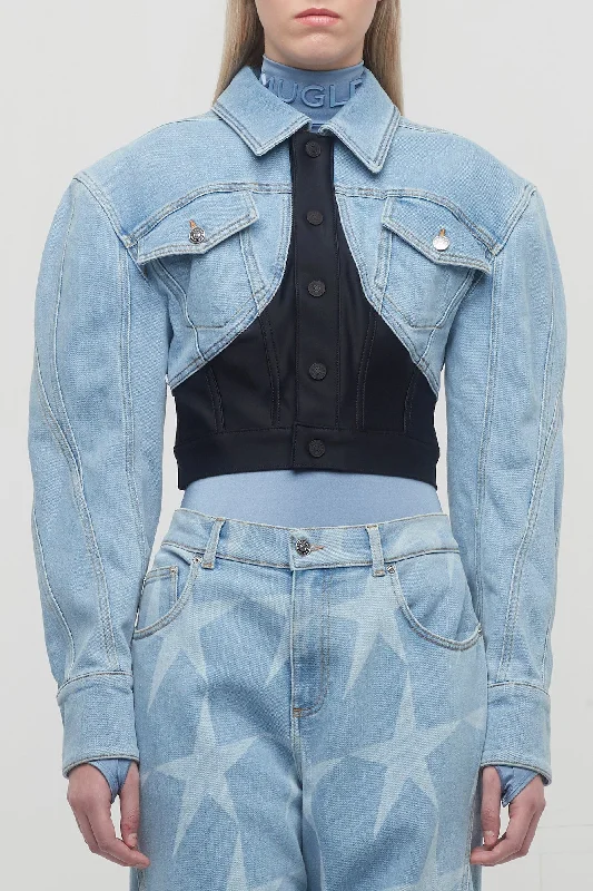 Mugler Denim Jersey Cropped Jacket